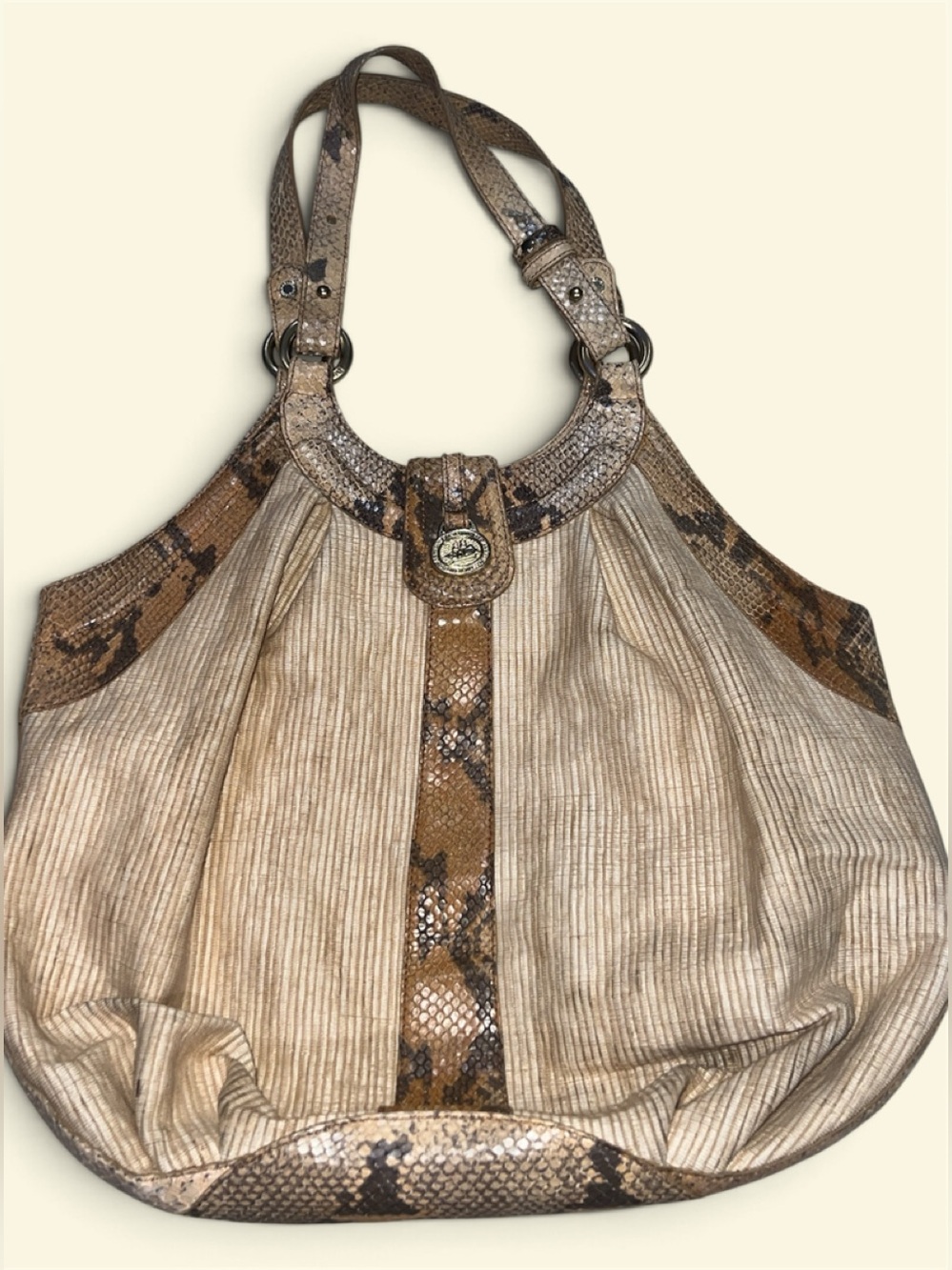 Brahmin Straw Snake Leather Print Accessory with Brass Medallion